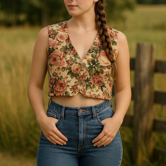 Zara Romantic Cottagecore Floral Crop Top Womens Medium Tan Pink - Picture 1 of 10